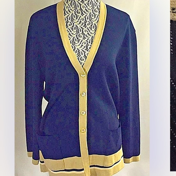 BURBERRY Rare Blue Tan Cardigan Sweater Merino Wool Sz L Very Nice Made Italy!!!